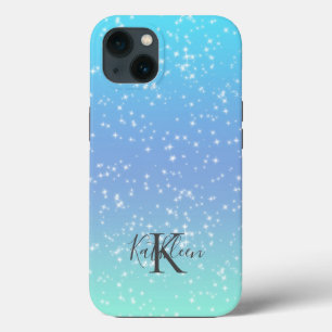 Case-Mate iPhone Case Monogramme Initiale Nom Bleu Vert Paillettes Ombré