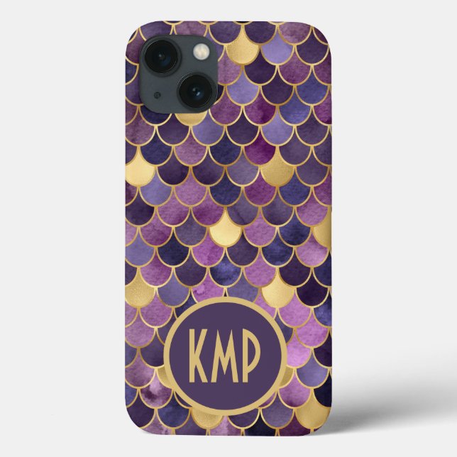 Coques Case-Mate iPhone Monogramme Initiales de sirène d'or violet échelle (Verso)