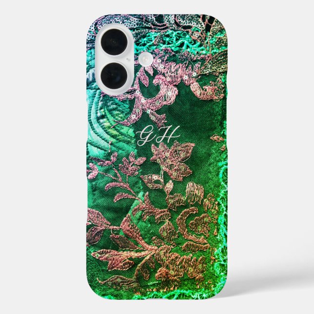 Coques Case-Mate iPhone Monogramme Initiales Élégant Floral Vert Rose Or (Verso)