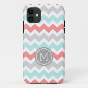 Coque iPhone 11 Monogramme iPhone5s Coral Turquoise Chevron