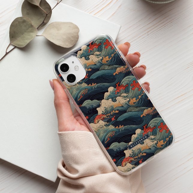 Coques Case-Mate iPhone Monogramme japonais Seigaiha bleu et rouge vague (Créateur téléchargé)