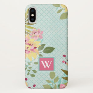 Coque Case-Mate Pour iPhone Monogramme   Jardin floral, Arrière - plan bleu