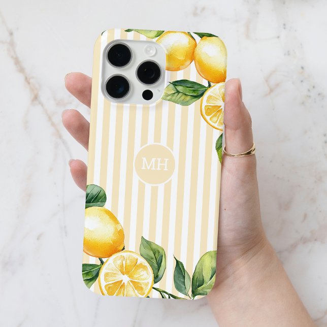 Coques Case-Mate iPhone Monogramme jaune Citron Élégante Bande méditerrané (Yellow Monogram Lemon Elegant Stripe Mediterranean Case-Mate iPhone Case)