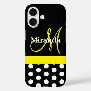 Coque Pour iPhone 16 Monogramme jaune noir avec pois blancs