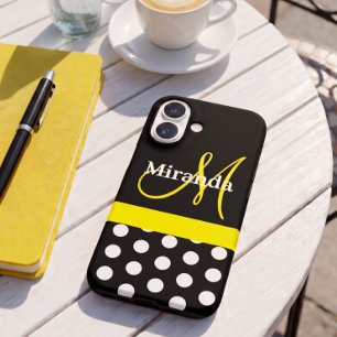 Coque Pour iPhone 16 Monogramme jaune noir avec pois blancs