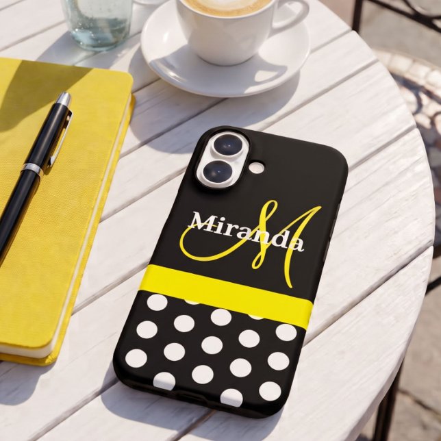 Coques Case-Mate iPhone Monogramme jaune noir avec pois blancs (Créateur téléchargé)