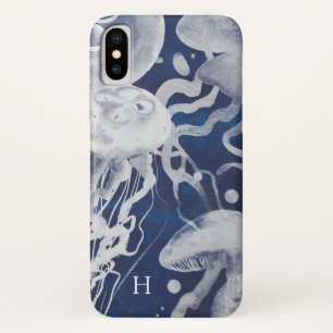 Coque iPhone X Monogramme   Jellyfish on Navy Arrière - plan