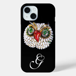 Coque Pour iPhone 15 MONOGRAMME JEWEL OWL, Or, Émeraude verte, opale