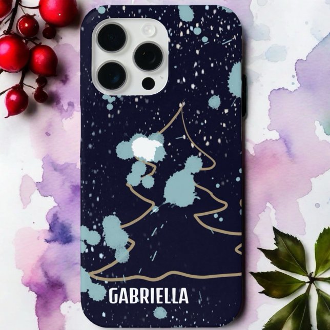Coques Case-Mate iPhone Monogramme joli bleu marine or blanc arbre enneigé (Créateur téléchargé)