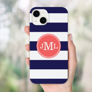 Coque Case-Mate iPhone Monogramme large bande bleu et corail de la marine