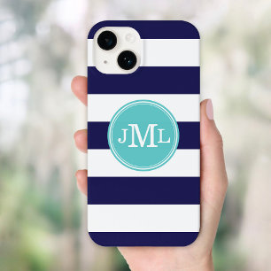 Coques Pour iPhone Monogramme large bande bleu marine et turquoise