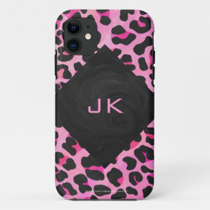 Coque iPhone 11 Monogramme Leopard noir et rose chaud