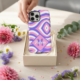 Coque iPhone 16 Pro Max Monogramme les années 70 Super rose & violet psych