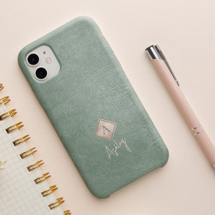 Coque Pour iPhone 16 Monogramme lettre et nom de script sauge cuir