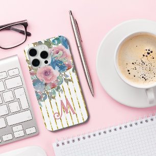 Coque Case-Mate iPhone Monogramme M Glam Gold Stripes rose Aqua Roses
