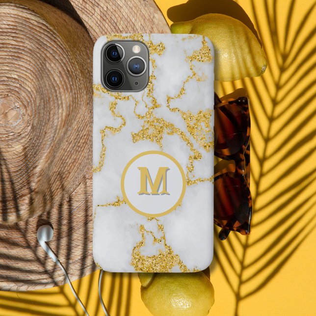 Coques Case-Mate iPhone Monogramme M motif marbre blanc et or élégant (Créateur téléchargé)