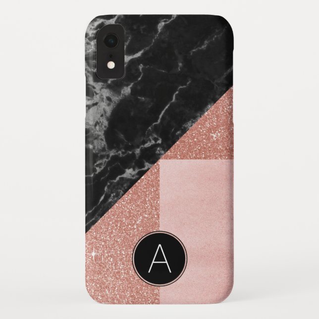 Coques Case-Mate iPhone Monogramme Marbre noir et Rose Parties scintillant (Dos)