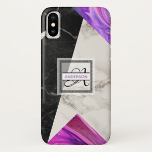 Coques Pour iPhone Monogramme marbre noir rose violet géométrique