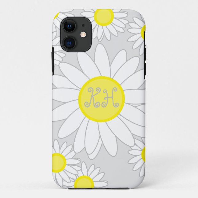 Coques Case-Mate iPhone Monogramme marguerrier gris argenté blanc et jaune (Dos)