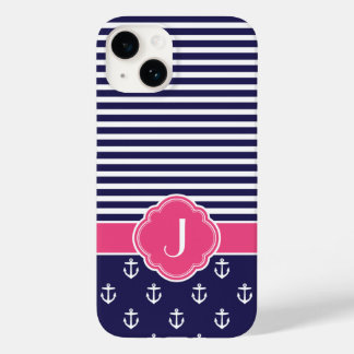 Coques Pour iPhone Monogramme marin bleu et rose de Preppy