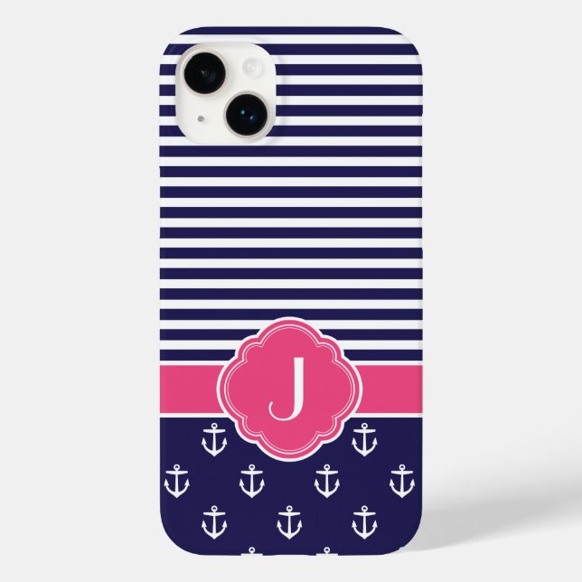 Coques Case-Mate iPhone Monogramme marin bleu et rose de Preppy (Verso)