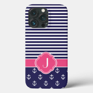 Coque Case-Mate iPhone Monogramme marin bleu et rose de Preppy