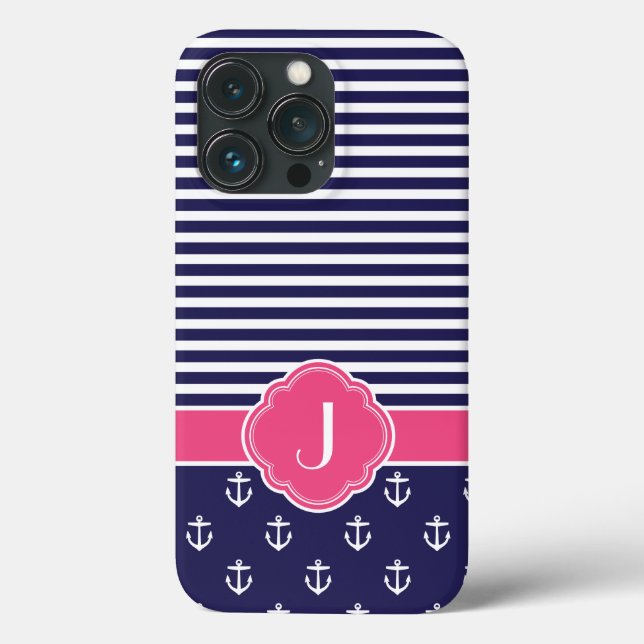 Coques Case-Mate iPhone Monogramme marin bleu et rose de Preppy (Verso)
