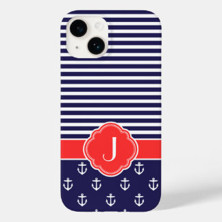 Coque Pour iPhone 14 Monogramme marin bleu et rouge Preppy
