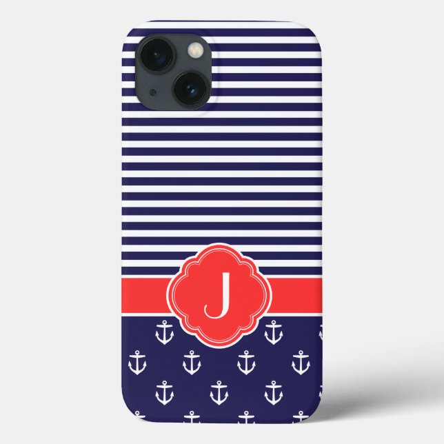 Coques Case-Mate iPhone Monogramme marin bleu et rouge Preppy (Verso)