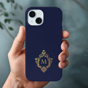 Coque Case-Mate iPhone Monogramme Marine Bleu Élégant Faux Gold Crest Ini