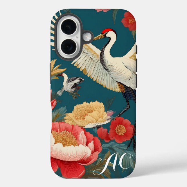 Coques Case-Mate iPhone Monogramme Marine Blue Peonies & Crane Chinoiserie (Verso)