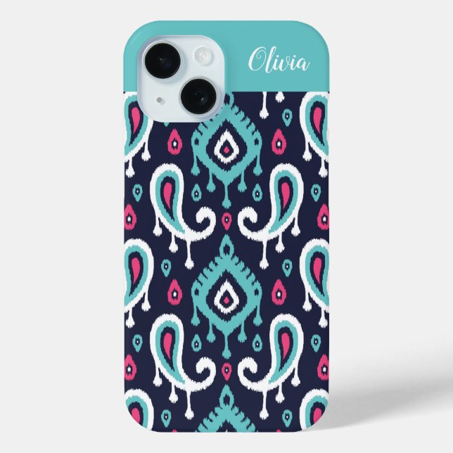 Coques Case-Mate iPhone Monogramme marine et rose Ikat Paisley (Verso)