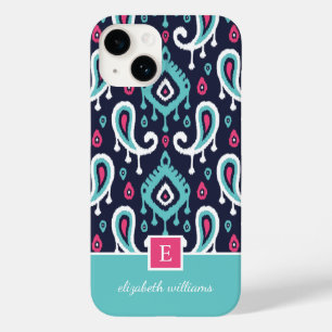 Coque Case-Mate iPhone Monogramme marine et rose Ikat Paisley