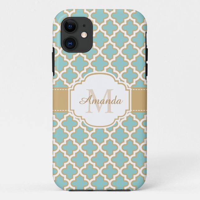 Coques Case-Mate iPhone Monogramme marocain bleu turquoise de motif d'or (Dos)