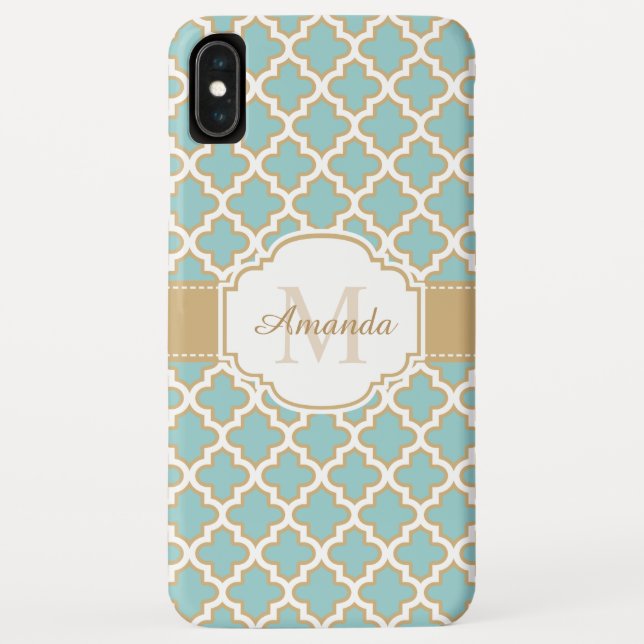 Coques Case-Mate iPhone Monogramme marocain bleu turquoise de motif d'or (Dos)