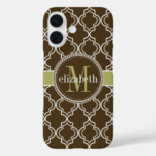 Coque Pour iPhone 16 Monogramme marocain Brown Olive White Quatrefoil