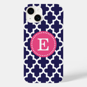 Coques Pour iPhone Monogramme marocain moderne bleu marine et rose