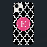 Coque Pour iPhone 14 Monogramme marocain moderne noir et rose<br><div class="desc">Chic Girly Preppy Moderne Marocain Quatrefoil Lattice Design avec Monogramme personnalisé Nom ou Initiale</div>