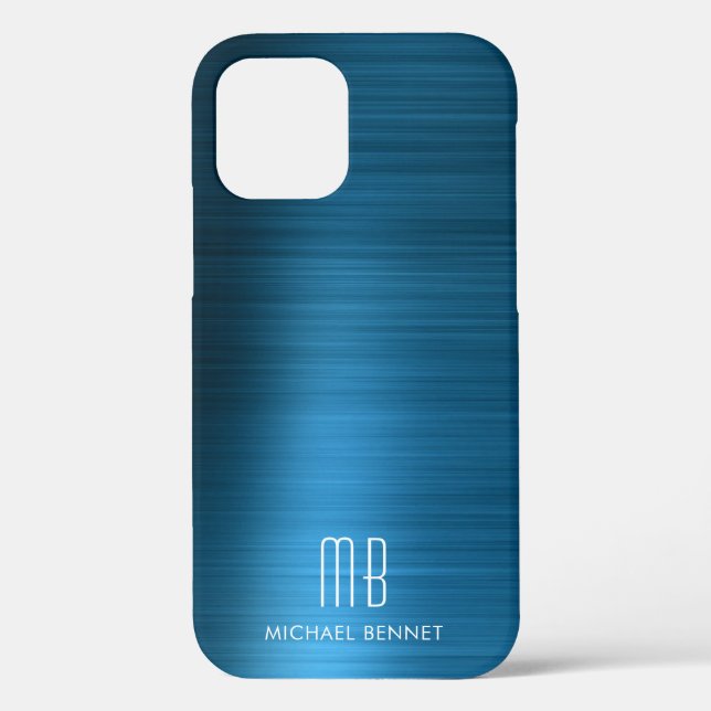 Coques Case-Mate iPhone Monogramme Métal Brossé Faux Bleu Élégant (Verso)