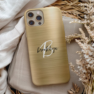 Coque Case-Mate iPhone Monogramme Métal Brossé Or Noir Blanc Script 
