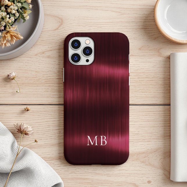 Coques Case-Mate iPhone Monogramme Métal Faux Acier Brossé Bourgogne Éléga (Créateur téléchargé)