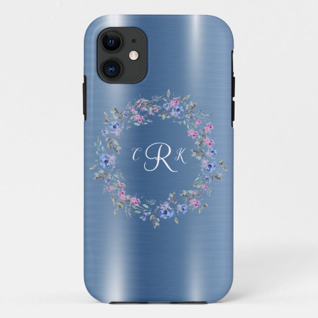 Coques Case-Mate iPhone Monogramme métallique Blue Floral Girly (Dos)