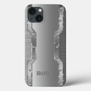 Etui iPhone 13 Monogramme métallique gris argenté brossé métal