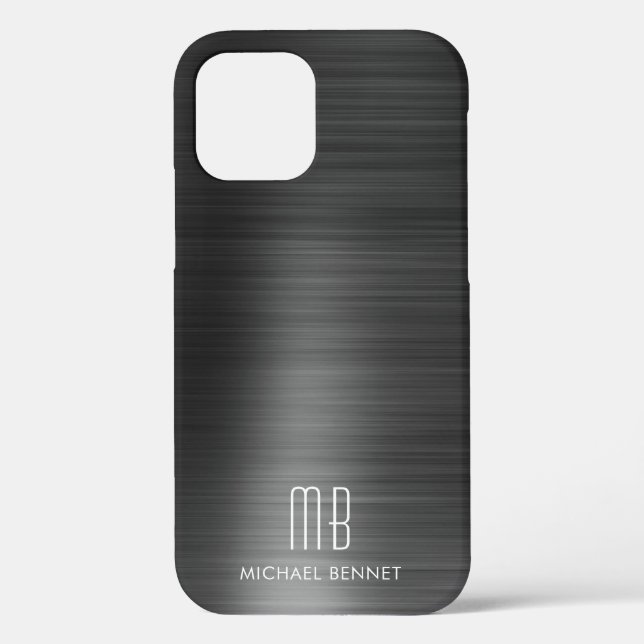 Coques Case-Mate iPhone Monogramme métallisé faux noir élégant brossé (Verso)