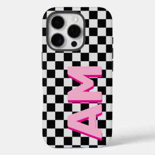 Coque iPhone 16 Pro Monogramme Moderne avec Ombre Rose sur Damier Init