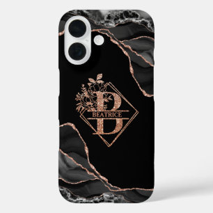 Coque Pour iPhone 16 Monogramme moderne B Noir Agate Marbre Rose Or