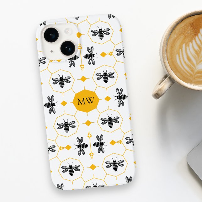 Coques Case-Mate iPhone Monogramme moderne Bee Motif jaune Honeycomb chic (Modern Monogram Bee Pattern Yellow Honeycomb Chic Case-Mate iPhone Case)