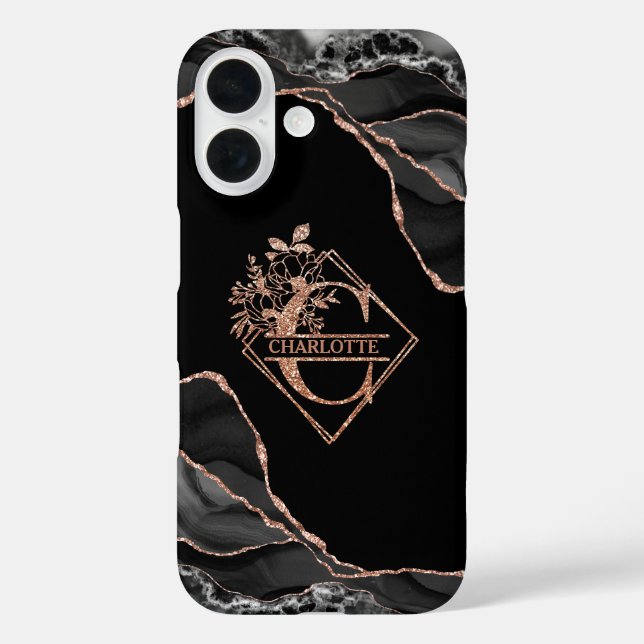 Coques Case-Mate iPhone Monogramme moderne C Noir Agate Marbre Rose Or (Verso)