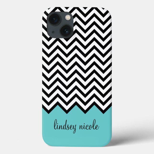 Coques Case-Mate iPhone Monogramme moderne Chevron noir et turquoise (Verso)