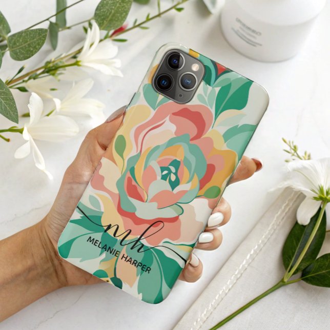 Coques Case-Mate iPhone monogramme moderne d'aquarelle florale vert girly (Créateur téléchargé)